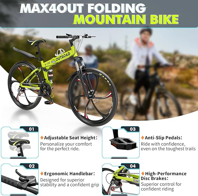 26 Inch Folding Mountain Bike, 21 Speed Full Suspension Bicycle Dual Disc Brake Non-Slip Quick Release tire for Adults Men Women(Balck/Pink/Green/Orange/White/Purple)