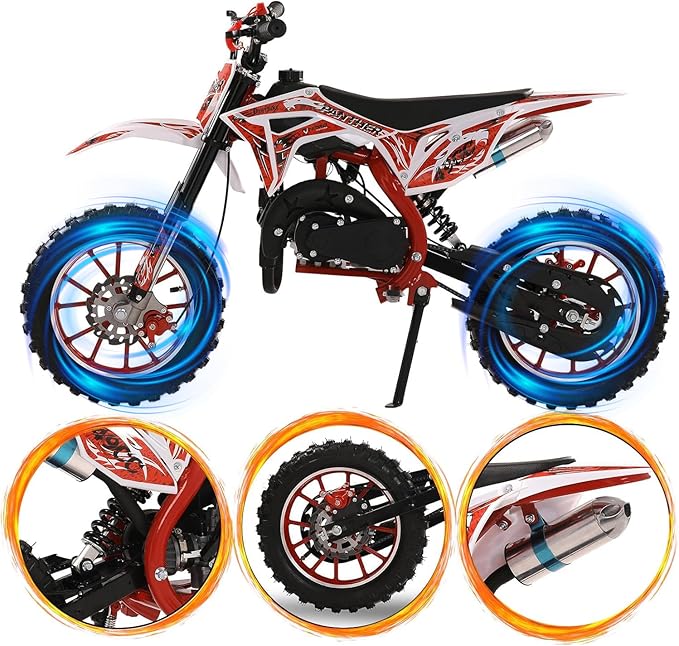 cdar 49CC 2-Stroke Kid Dirt Bike, Gas Dirtbike Children Motorcycle Gas Powered Off-Road Motorbike with Soft Seat Cushion Pocket Motorbike Front Rear Disc Brakes Birthday Gifts for Boys Girls 6-14 Red
