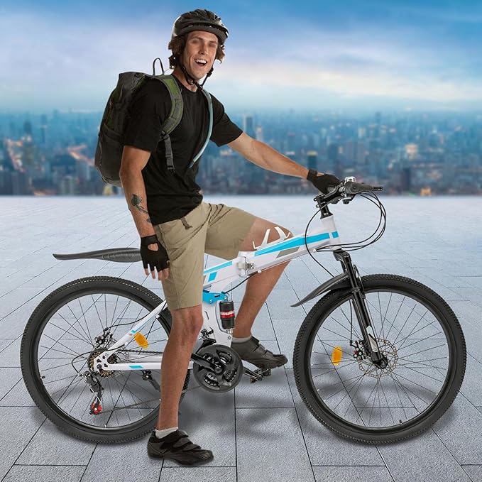 26" Mountain Bike Folding 21 Speed Full Suspension High Carbon Steel Bike Bicycle Adjustable Saddle Height, Dual Disc Brakes Non-Slip Folding Bike, Adult/Men/Ladies Mountain Bike