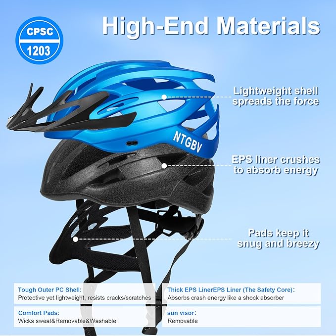Adult Bike Helmet for Men/Women with Helmet Bag 2 Removable Moisture-Wicking Liners & Visors Lightweight Shockproof Adjustable Design CPSC 1203 & EN 1078 Safety Certified for Road/Commute/MTB
