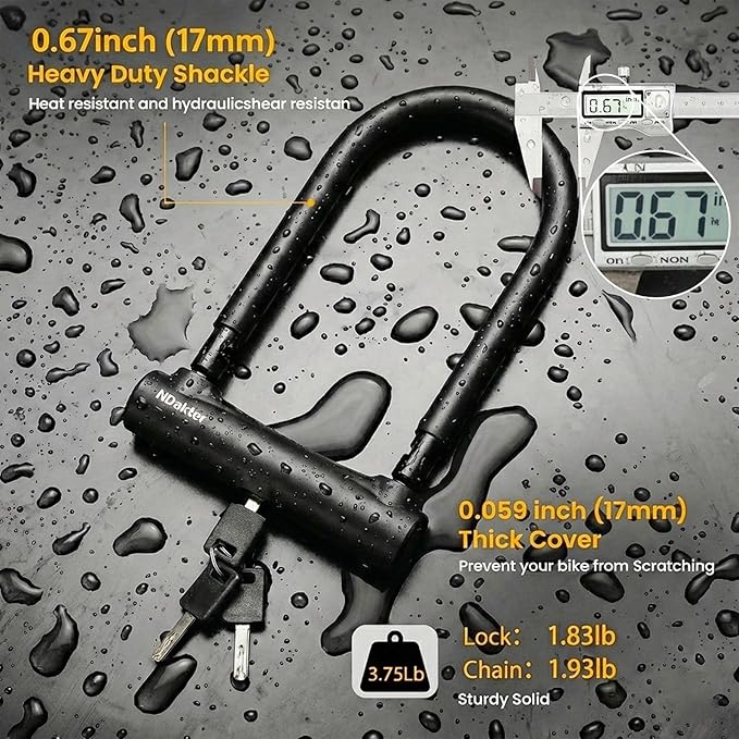 NDakter Bike Locks, 17mm Heavy Duty Anti Theft, Bike U Lock with 4FT Chain and Bracket, Electric Bicycle Lock for Scooter, 3 Keys Motorcycle Wheel Lock for Ebike, Moped, Tricycle