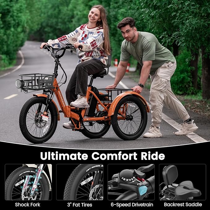 MOONCOOL Electric Trike for Adults, 500W/750W 48V Electric Tricycle for Adults Peak Power 1500W, 20"x3.0" Fat Tire 3 Wheel Electric Bike, Folding Aluminum Adult Tricycle with Removable Battery