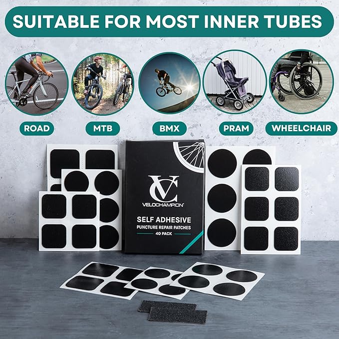 VeloChampion Puncture Repair Kit | Self-Adhesive Bike Tyre Patches for Road, MTB, BMX, Ebike| Travel Size Bicycle Puncture Repair Kit | 6, 10 or 40 Pack + Optional Tyre Levers