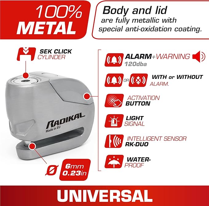 RADIKAL RK9Z Disc Lock with Premum Alarm 120db ON/OFF, LED Night Alert, Warning Pre-Alarm, 100% Waterproof, Full Metal Heavy Duty Brake Lock Universal Anti Theft Device for Motorcycle, E-Bike, Bicycle