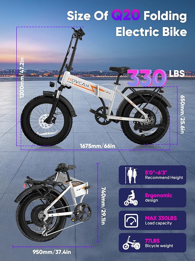 Movcan Q20 Folding Electric Bike, 52V 15.6Ah Removable Concealed Battery 20” Fat Tire Dirt Bike,1500W Motor 30 MPH Top Speed E Bikes, 7 Speed Dual Hydraulic Brake Electric Bikes for Adults