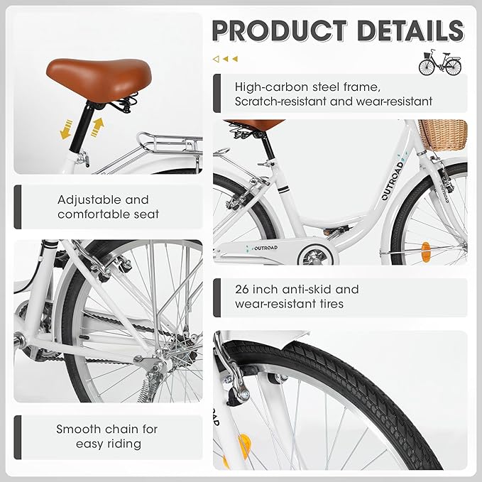 Outroad Comfort Bike for Women, 24/26 Inch Commuter Bicycle for Adult Men and Women, High-Carbon Steel Comfortable City Bikes with Rear Rack or Basket
