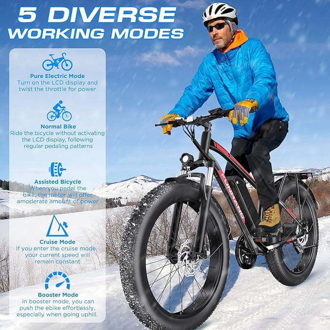 Electric Bike for Adults, 1000W Peak Ebike, 25MPH 60Miles Electric Mountain Bike, 26" Fat Tire Electric Bicycle with 48V 13AH Battery, Front Suspension,7 Speed, Rear Rack, UL 2849 Certified
