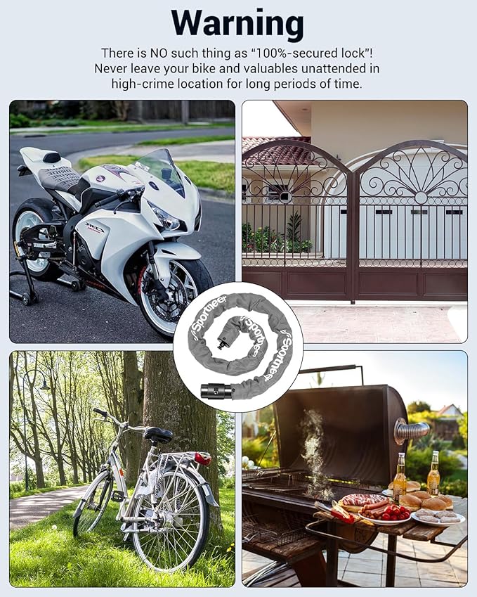 Sportneer Bike Lock - 8mm Thick High Security Anti Theft Bike Chain Lock with 2 Keys- 3.2ft Long Heavy Duty Anti-Cut Bicycle Lock for Bike, Motorcycle, Bicycle, Door, Gate, Fence, Grill - Grey