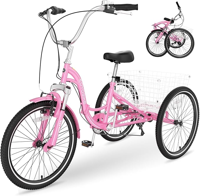 Slsy Adult Folding Tricycles, 7 Speed Folding Adult Trikes, 20 24 26 Inch 3 Wheel Bikes with Low Step-Through, Foldable Tricycle for Adults, Women, Men, Seniors