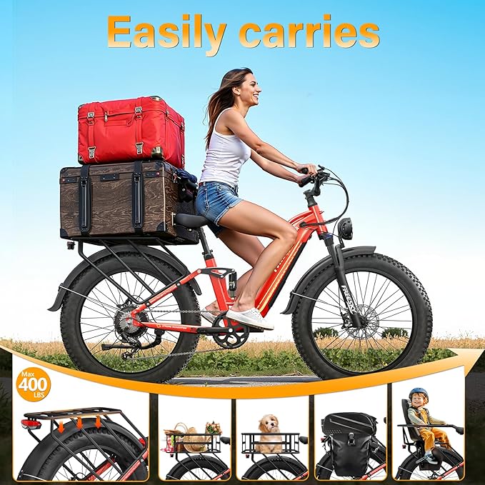 FREESKY Wildcat Ultra 3000W Electric Bike for Adults 105mile Long Range Step-Thru Ebike Motor 37MPH Dirt E Bike 25Ah Samsung Battery 26'' Fat Tire Electric Bicycle Full Suspension for Commute