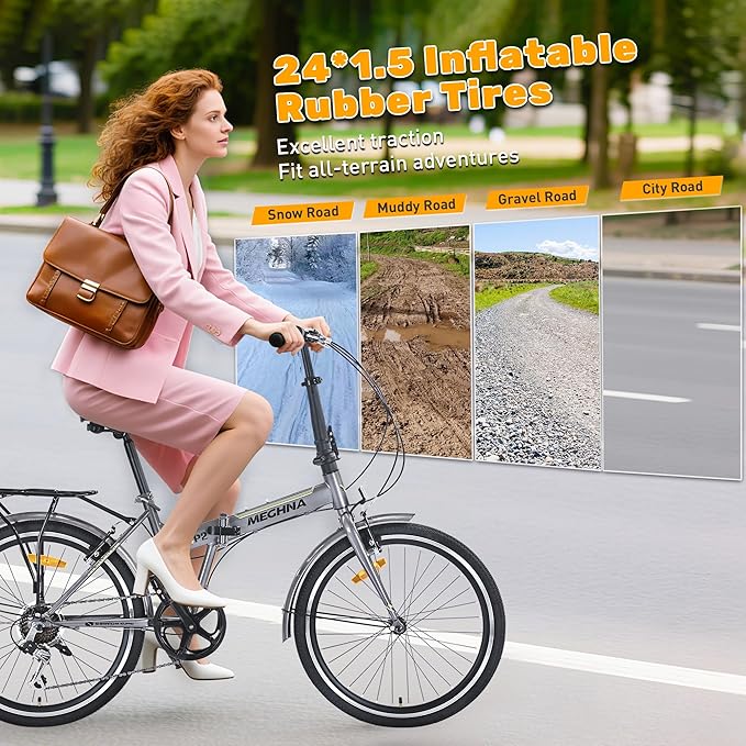 24 inch Folding Bike 7 Speed V Brake City Commuter Bicycle with Mudguard for Men Women Daily Commuting Gray/Black/White