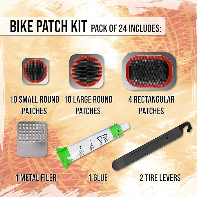 Mobi Lock 24Pcs Bike Patch Kit - Bicycle Tire Inner Tube Repair Kit with Vulcanizing Fluid/Rubber Cement, Patches, Metal Rasp, Levers - for All Types of Bikes, BMX, E-Scooters