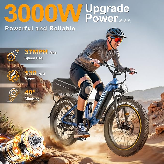 FREESKY Wildcat Ultra 3000W Electric Bike for Adults 105mile Long Range Step-Thru Ebike Motor 37MPH Dirt E Bike 25Ah Samsung Battery 26'' Fat Tire Electric Bicycle Full Suspension for Commute