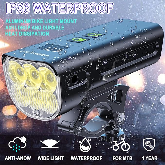 Victagen Bike Light 12000lm Bike Lights for Night Riding, Waterproof Lights for bike Rechargeable Front Bike Headlight and Taillight, High & Low Beam, 10000mAh ultra long endurance bike lights