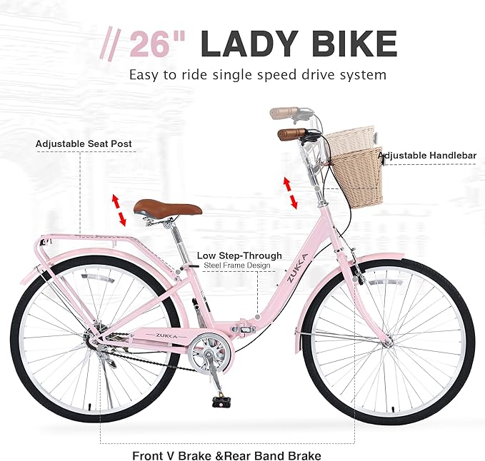 24/26 Inch Folding Girls/Womens Cruiser Bike，1-Speed Foldable Hybrid City Bicycle with Dual Brakes,Basket & Rear Rack，Adjustable Seat Post&Handlebar，3 Colors