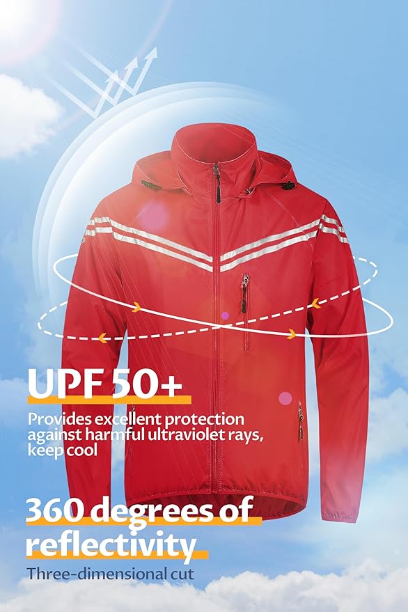 CREATMO US Men's Packable Waterproof Running Rain Coats Reflective Cycling Jacket Windbreaker With Removable Hood