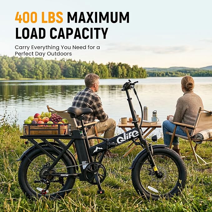 Qlife Hunter Foldable Electric Bike for Adults, Peak 1200W Ebike with 48V 13.5Ah Battery, 65-Mile Range, Heavy-Duty Rear Rack, 20-Inch Fat Tires, Folding E Bike for Commuting & Outdoor Use