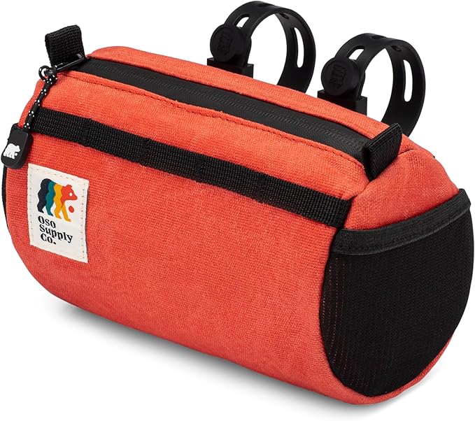 Bike Handlebar Bag – Waxed Canvas Exterior with Quick-Access Waterproof Zipper, Side Mesh Pockets and Spacious Storage – Ideal for Cycling, Commuting and Adventure Rides (Red/Orange)