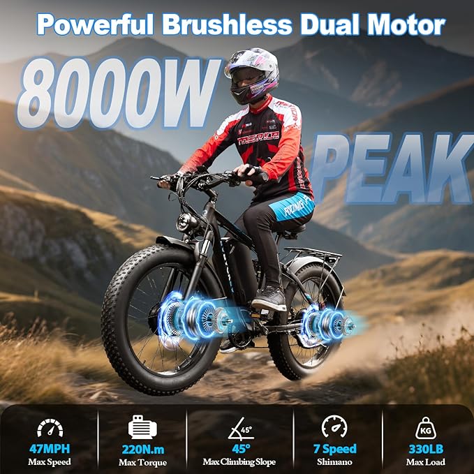 8000W Peak EBike for Adults, 34Ah 58V Max-Output 1856Wh Dual Motor Electric Bike, 47MPH Fast Ebike,Up to 105Miles 24" x4.0 Fat Tire E Bike,Full-Suspension Mountain E-Bike for Sand Snow Beach