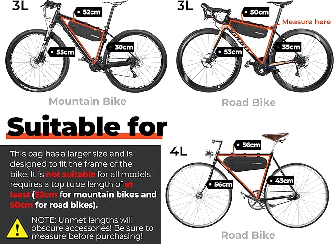 ROCKBROS Bike Frame Bag Waterproof Bike Triangle Bag Bicycle Under Top Tube Bag Corner Pouch Storage Bag Approx. 4 Litres for Cycling Accessories