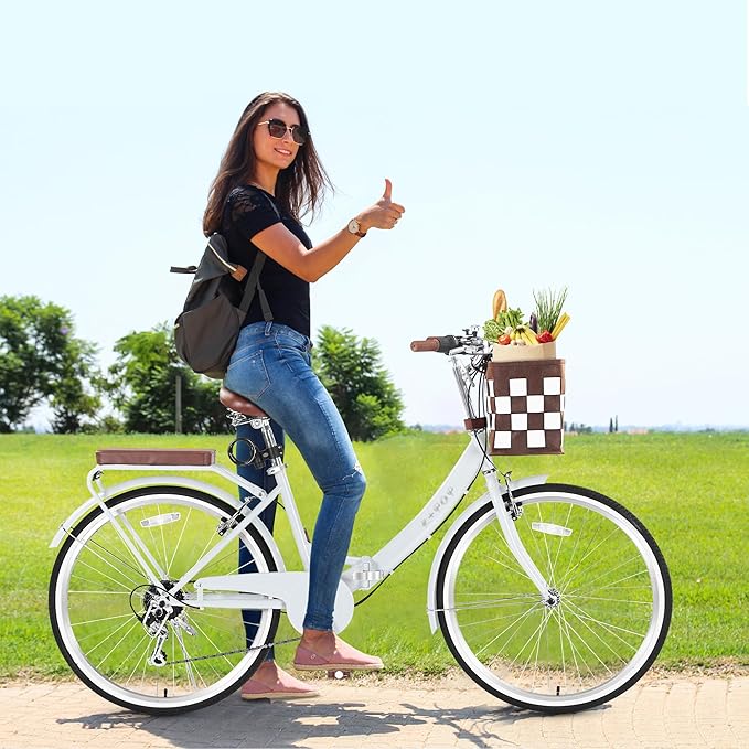 24/26 Inch Foldable Beach Cruiser Bike for Women, 7 Speed Folding Bikes for Adults, Womens City Bike with Basket & Adjustable Seat, Step Through Commute Bikes for Women Adults