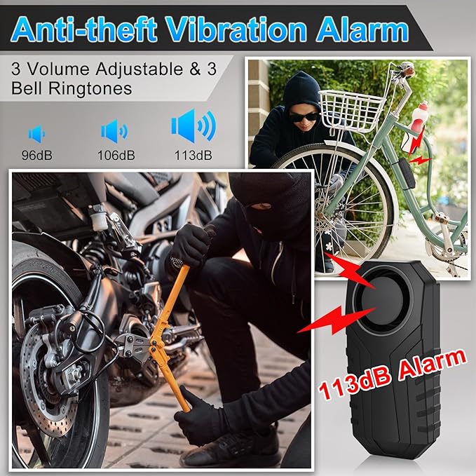 10PK Bike Alarm for Ebikes,Electric Scooter Alarm, Bike Alarm with Remote, Motorcycle Alarm Anti-Theft Vibration Motion Sensor Security Alarm System 113dB Loud IP65 Waterproof SOS Function