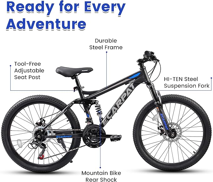 Ecarpat 24/26/27.5 Inch Mountain Bike, Full/Front Suspension Mens Boys Mountain Bike with 21 Speed Steel Frame and Dual Disc Brakes, Adult Sport Bicycle for Trail City Road, Gift Choice