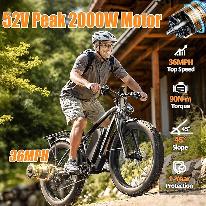 Ebike for Adults Electric, 52V 19.2Ah/32Ah, Peak 2000W/2500W E-Bike, 36/40MPH, 70 Miles/100Miles, Hydraulic Disc Brake, Off Road Snow Mountain E-Bike, 24"/26" Fat Tire Electric Bicycle UL2849 by SGS