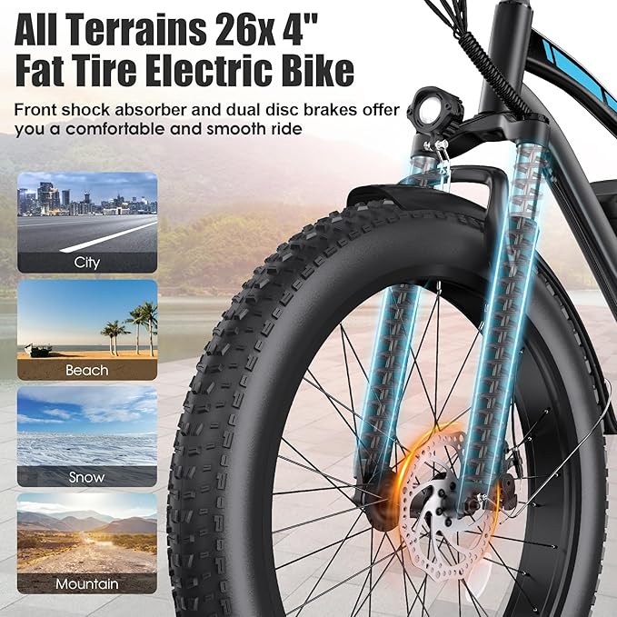 Electric Bike for Adults, 1000W Peak 25MPH 60Miles Ebike,48V 13AH Battery Electric Mountain Bike, 26" x 4'' Fat Tire Electric Bicycle with Rear Rack, Fenders, 7 Speed, UL 2849 Certified