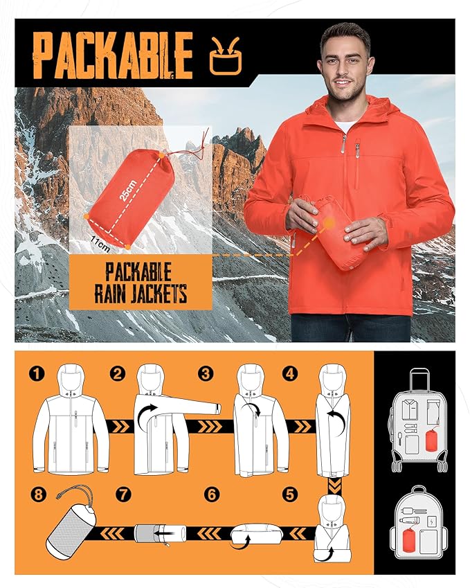 33,000ft Men's Packable Rain Jacket Lightweight Rain Shell Jacket with Hood Waterproof Raincoat for Cycling