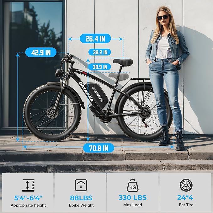 DATAONA 6500W Dual Motor Ebike for Adults Men 20MPH - Fast Electric Bike with 52V 32Ah Battery Up to 100 Miles, Lockable Suspension 24" Fat Tire Electric Bicycle for Off-Road Mountain Snow Commuter UL