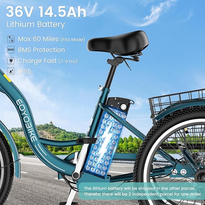 Electric Tricycle for Adults Seniors, 24/26 Inch 3 Wheel E-Trike, 350W Motor (700W Peak), Removable 36V Battery, Up to 15.5MPH, 25-60Mile Range, Low Step-Through, Rear Basket, 350lbs Capacity, 7 Speed