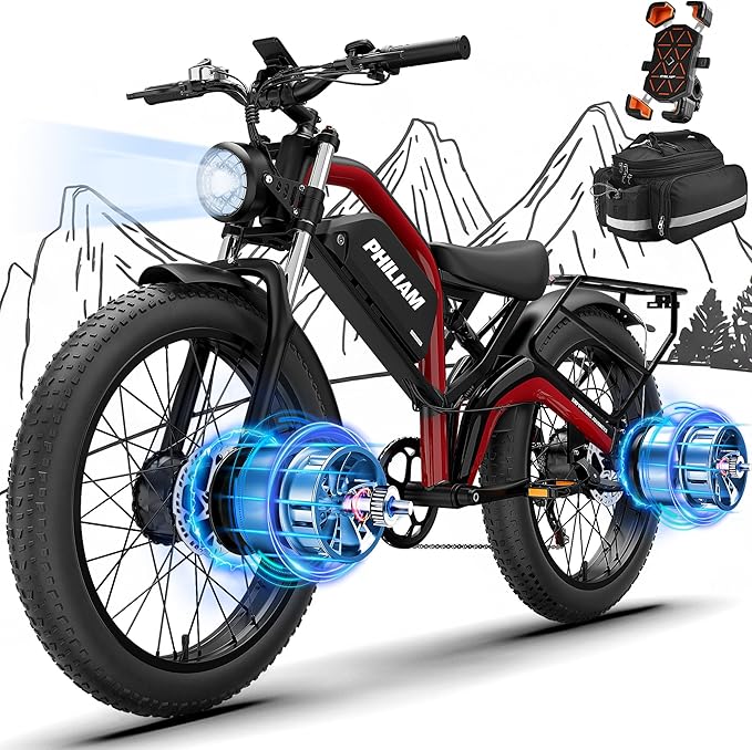 Electric Bike for Adults,5000W/3000W Peak Dual Motor ebike 35MPH E Bikes for Men Women,52V 32/23AH Battery, 80/100 Miles Range Ebike,26”Fat Tire Full Suspension E-Bike