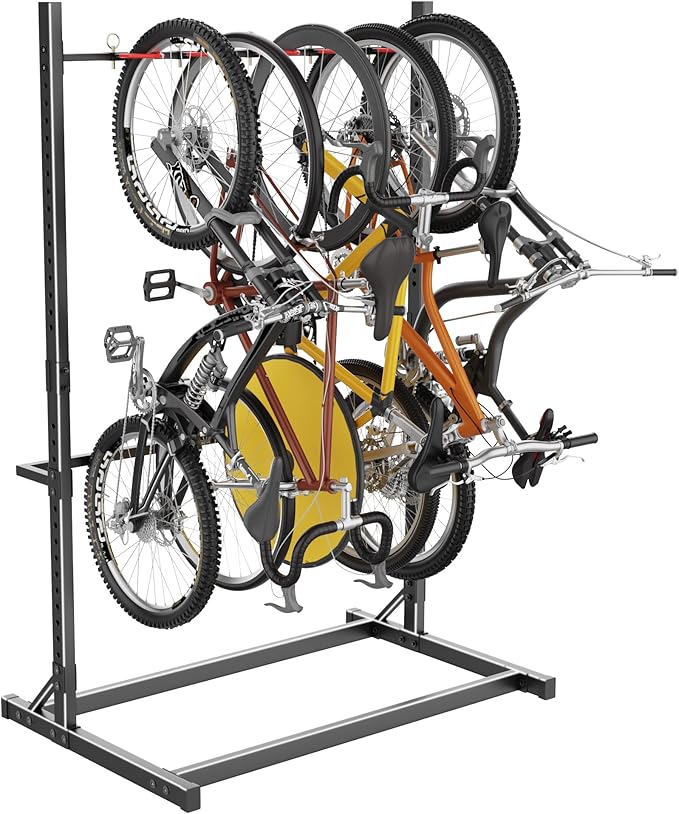 GIOTORENT Freestanding Bike Rack, Vertical Bike Stand for Garage Storage, Heavy Duty 5-Bike Floor Rack with Adjustable Height & Hooks, Space Saving Bike Organizer for Garage, Stable Bike Storage Rack