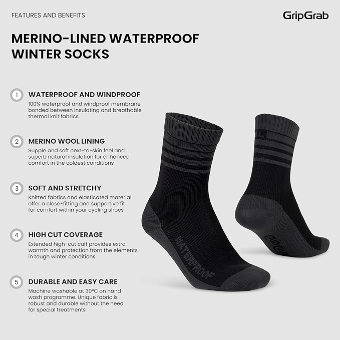 GripGrab Merino-Lined Waterproof Winter Cycling Socks Thick Warm Thermal Padded Insulating Durable Bicycle Bike Sock