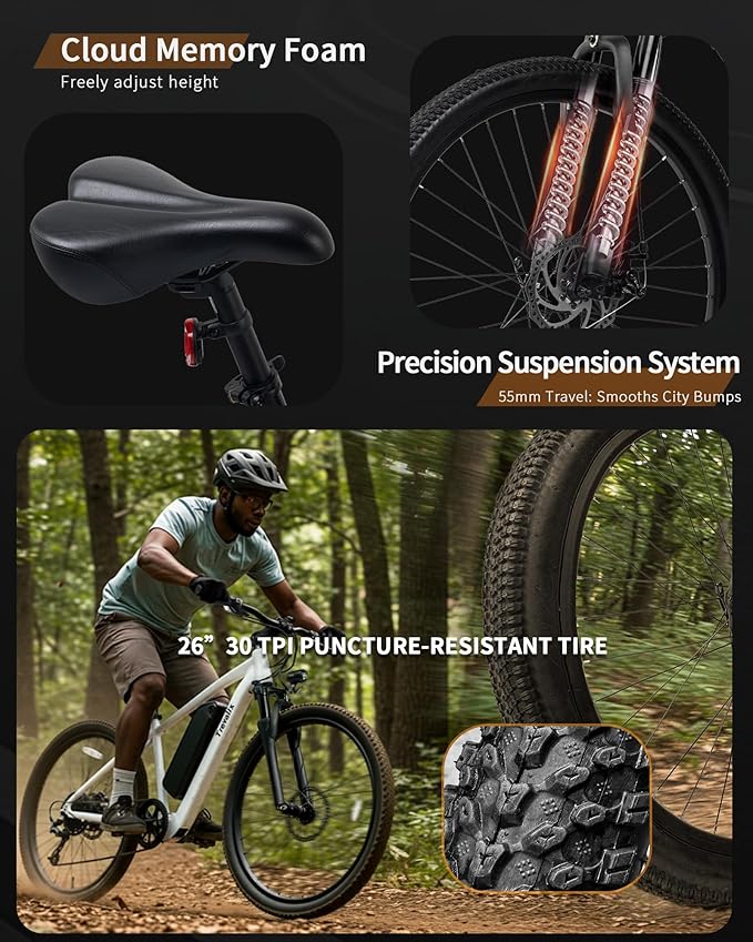 Electric Bike for Adults, 50/74 Miles 20 MPH Mountain EBike, Cadence/Torque Sensor with 500W Peak E Bike, 10.4/15.6Ah Removable Battery, 26“ Puncture-resistant Tires bike with Shimano 6-Speed