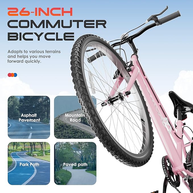 26 inch 7-Speed Commuter Bicycle,Hybrid Bicycle,Men's Cruiser Bike/Mountain Bike V Brake,Metal Frame, Adult Bike (Black, White, Blue, Green, Purple, Pink)