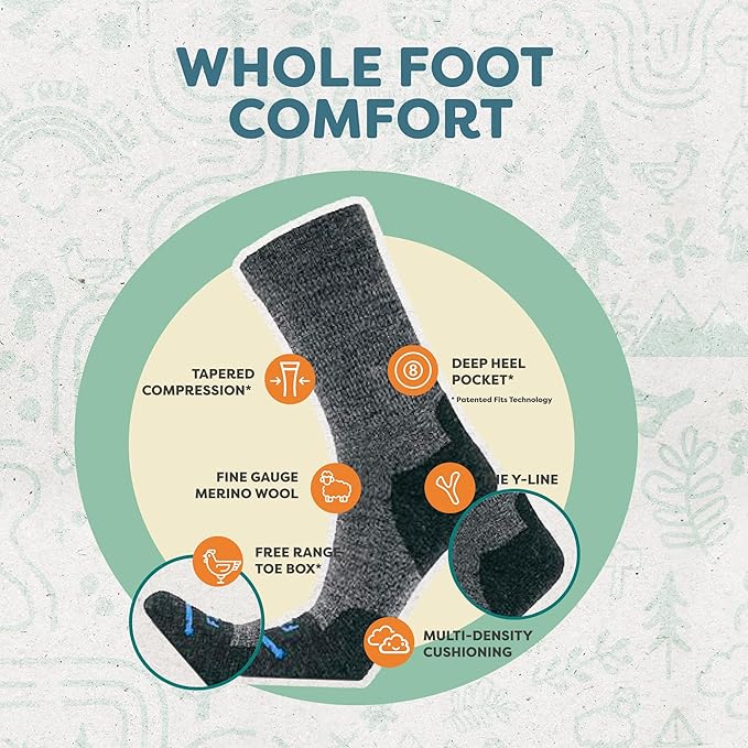 FITS Light Cushion Crew Socks, Sweat & Odor Resistant, Temperature Regulating Merino Wool Hiking Socks