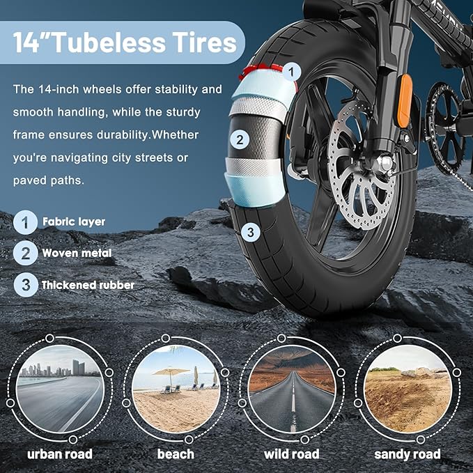 Foldable Electric Bike for Adults and Teens, 750W Peak Motor Ebike, 14" Folding E-Bike with 20 MPH, 30-35 Miles PAS Range, Electric Bicycle with 48V Removable Battery