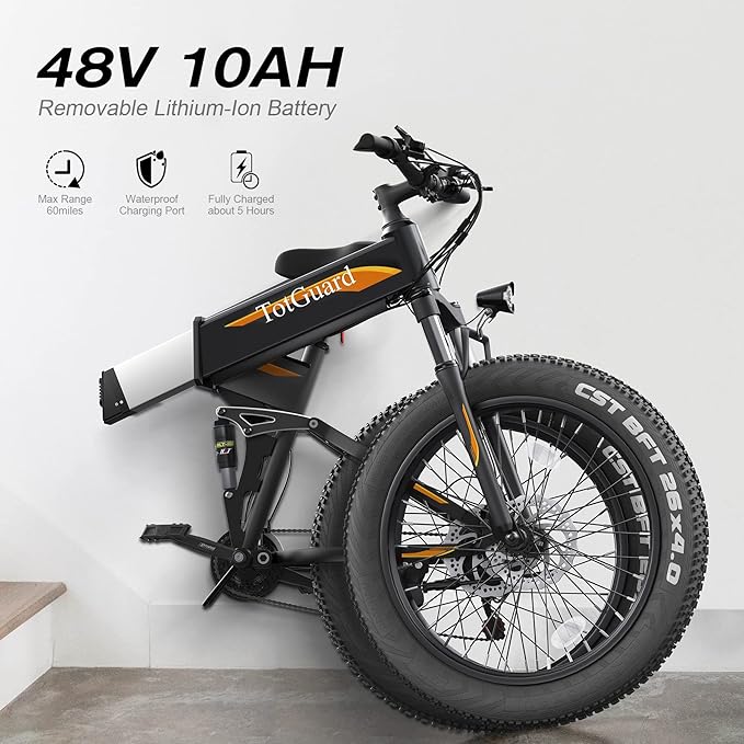 Wooken 26" x4.0 Fat Tire Electric Bike, Folding Electirc Bike for Mountain Commuter, Peak 1000W Motor 21.6 MPH, Ebikes for Adults with 48V/10.4Ah Removable Battery, Suspension Fork, 21 Speed Ebike