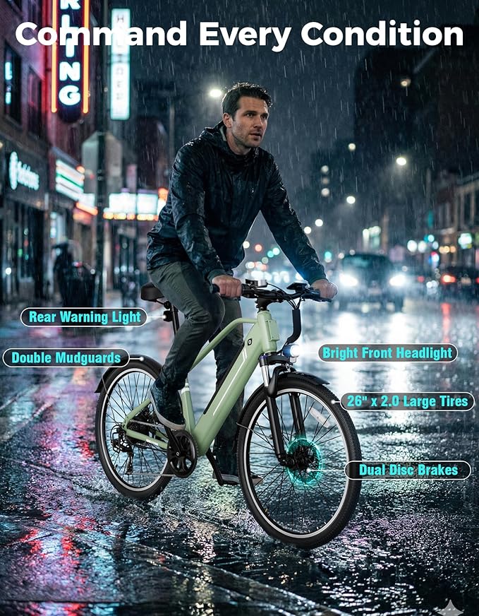 Jasion 26" Electric Bike for Adults, Internal Removable Battery Ebike with 3 Modes & 7-Speed, UL2849 Certified, 1200W Peak Motor, Max 28Mph & 50Miles, Shock Absorber, Electric City Commuter Bicycle