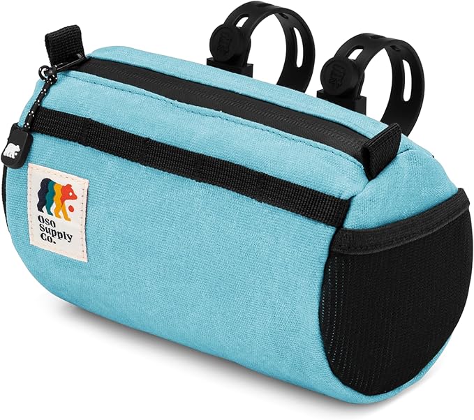 Bike Handlebar Bag – Waxed Canvas Exterior with Quick-Access Waterproof Zipper, Side Mesh Pockets and Spacious Storage – Ideal for Cycling, Commuting and Adventure Rides (Sky Blue)