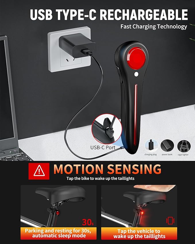 DARKBEAM Bike Tail Light Smart - with Brake/Light Sensor, USB-C Rechargeable, IP64 Waterproof, 5 Light Modes Bicycle Taillight for Night Riding, Super Bright Rear Bike Light for Road Mountain, Cycling