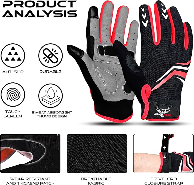 BEAST RAGE Full Finger Cycling Gloves with Padding for Men Women, Anti-Slip, Shock Absorbing, Breathable, Touchscreen Mountain Bike Gloves for BMX, MTB Riding, Road Racing, Bicycle