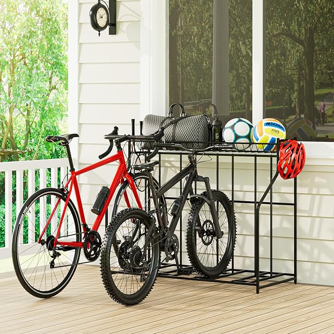 4 Bike Stand, Bike Rack Garage with Storage Rack, Bicycle Stand for Garage Organizer, Indoor Sporting Gear Storage Station for Mountain/Road/Hybrid & Fat Tire Bike