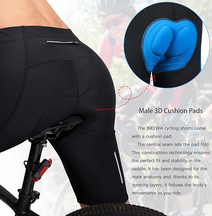 Bikewa Men's Bike Shorts 3D Padded Cycling Road Biking Mountain Riding Biker Bicycle UPF 50+ Cycle Shorts Zipper Pockets