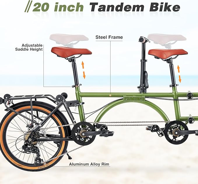 Folding Tandem Bike for Adults,20" Folding Bike Dual Drive Tandem Bicycle,Foldable with Rolling Stand for Easy Transport