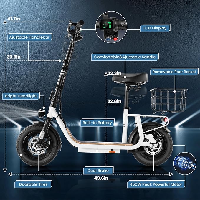 Caroma Peak 1200W/800W Electric Scooter with Seat, 30 Miles Max Range, Electric Scooter Adults, Up to 20MPH Foldable Escooter with Basket,Key Start Adjustable E-Scooter