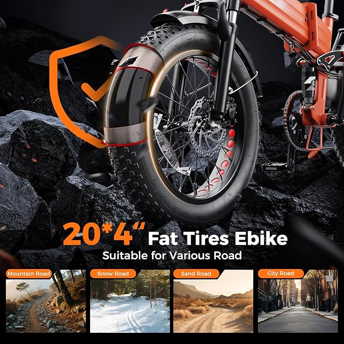 Heybike Mars 2.0/3.0 Foldable Electric Bike, UL2849 Certified, 70+Miles Long Range, 1400W/1800W Peak Motor 32MPH, 624WH Removable Battery, 20"*4 Fat Tire Ebike for Snow, Commute, Full Suspension
