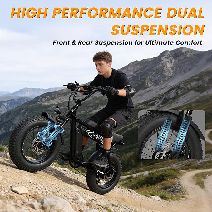 ESKUTE V100 Electric Bike for Adults, Electric Dirt Bike 1500W Peak Motor, All Terrain Dual Suspension E Bike 28MPH Top Speed, Ebike Up to 60 Miles Range, 16" Fat Tire, 48V13Ah Battery, 7-Speed